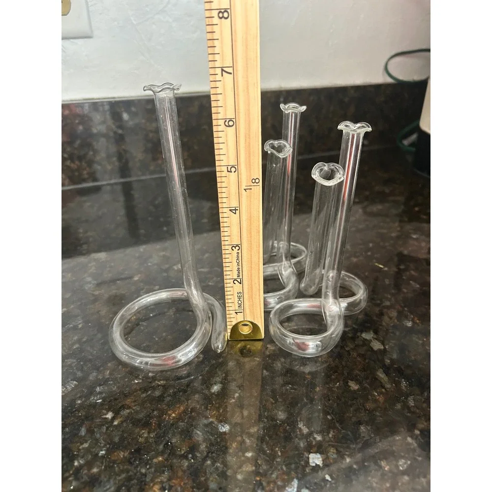 Set of 5 Hand Blown Clear Glass Twisted Loop Bud Vases Ruffled Rim Modern Decor